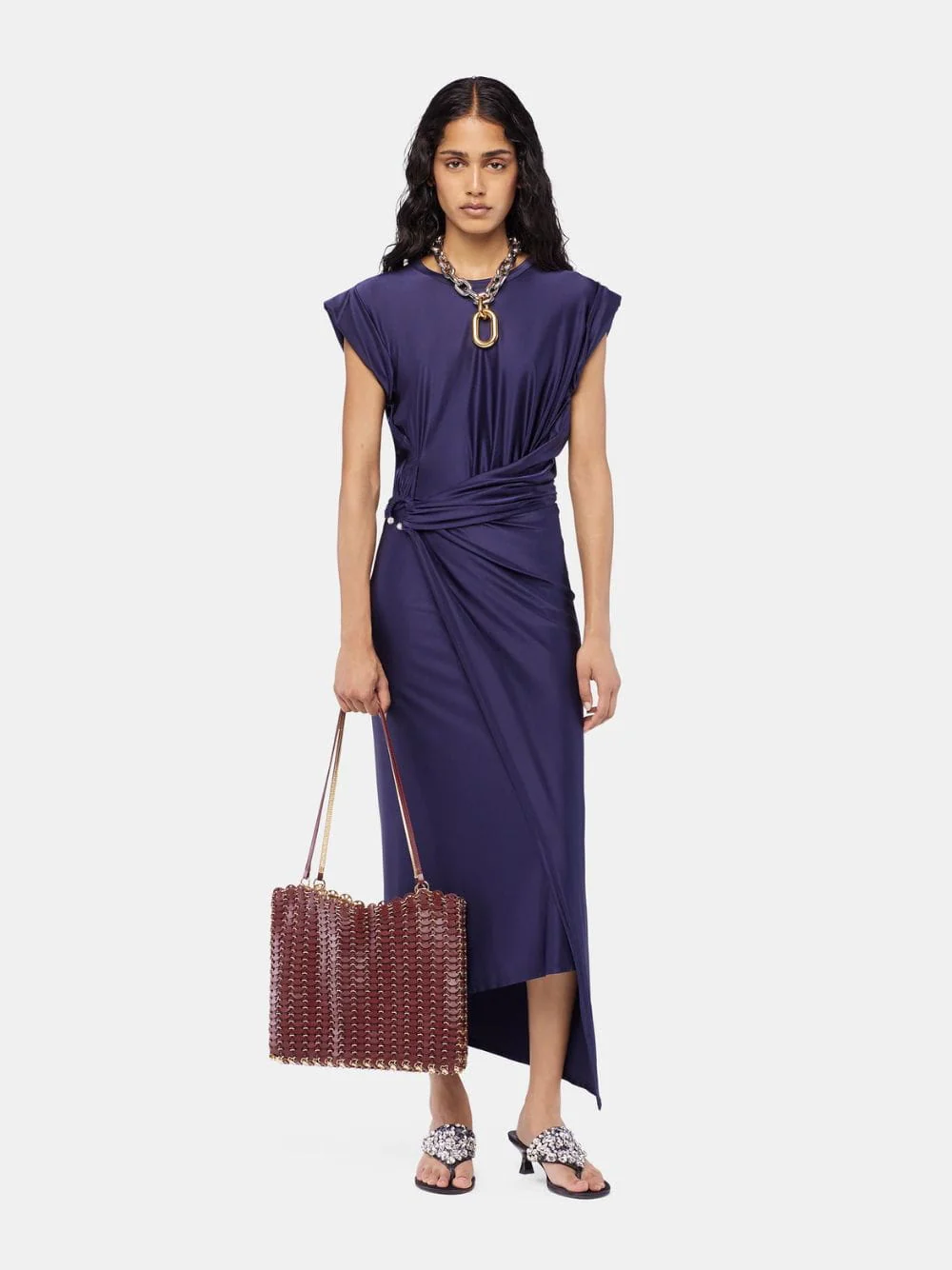Navy Blue Jersey Midi Dress with Piercing
