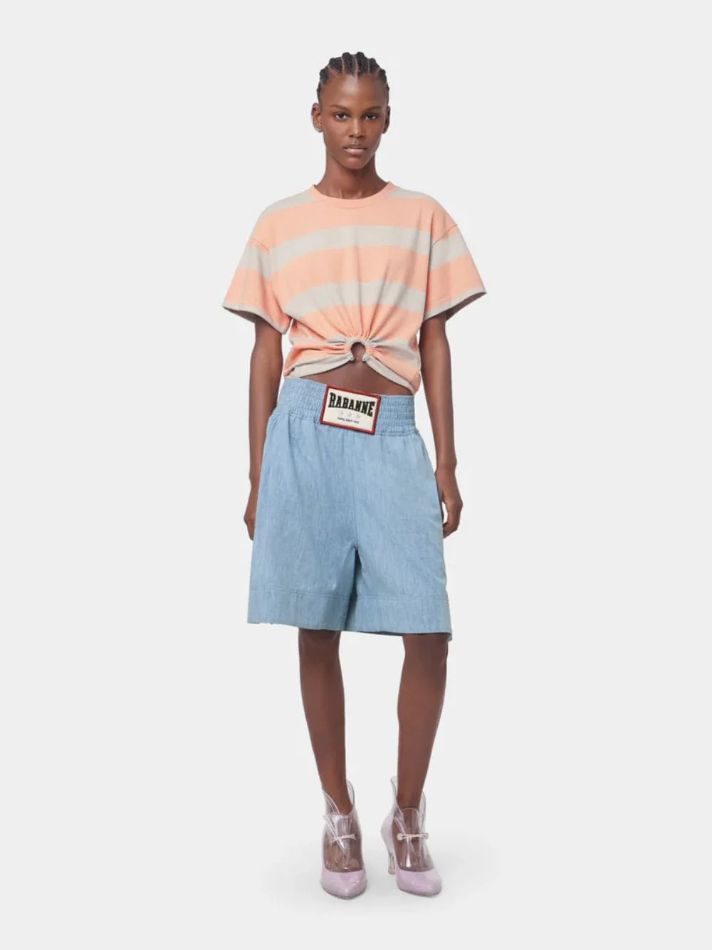 Peach & Grey Striped Cotton Piercing T-Shirt - Image 2