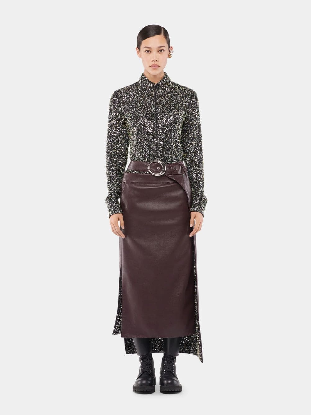 Plum Vegan Leather Double Layer Midi Skirt