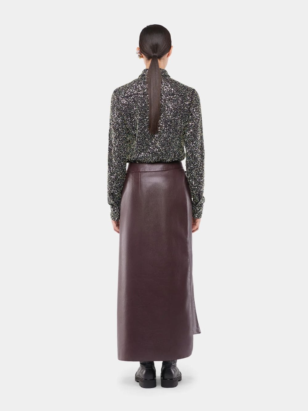 Plum Vegan Leather Double Layer Midi Skirt - Image 3