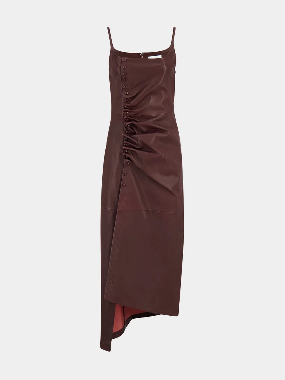 Red Wine Draped Leather Midi Dress with Snap Closures