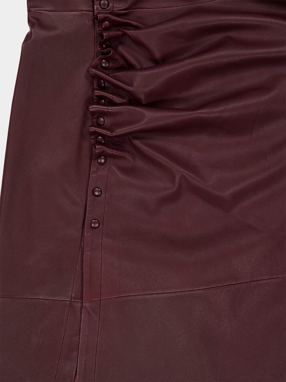 Red Wine Draped Leather Midi Dress with Snap Closures - Image 4