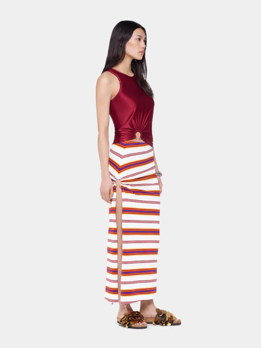 Striped Cream and Orange Cotton Maxi Skirt - Image 4
