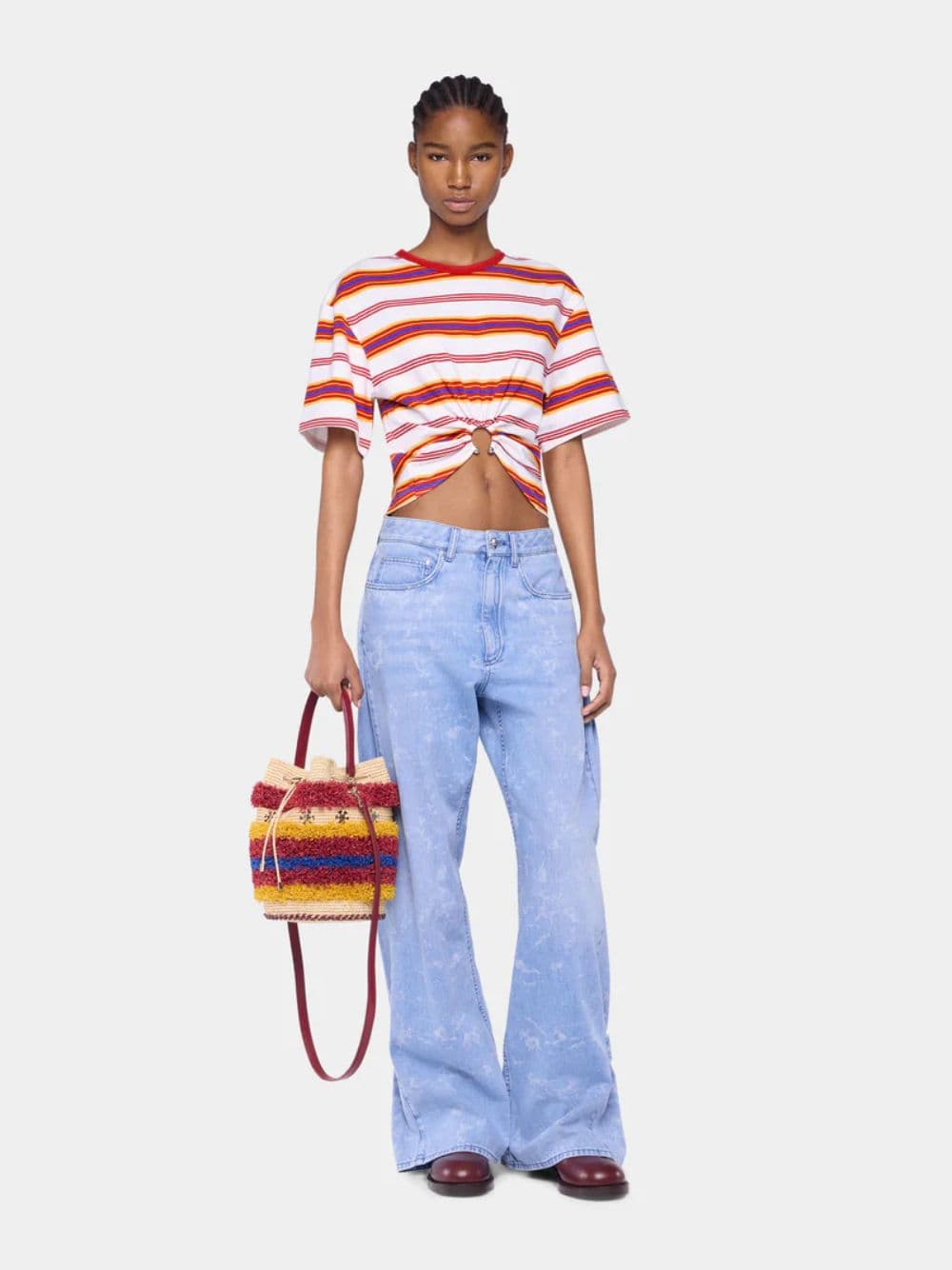 Striped Cream and Orange Cropped Jersey T-Shirt - Image 2