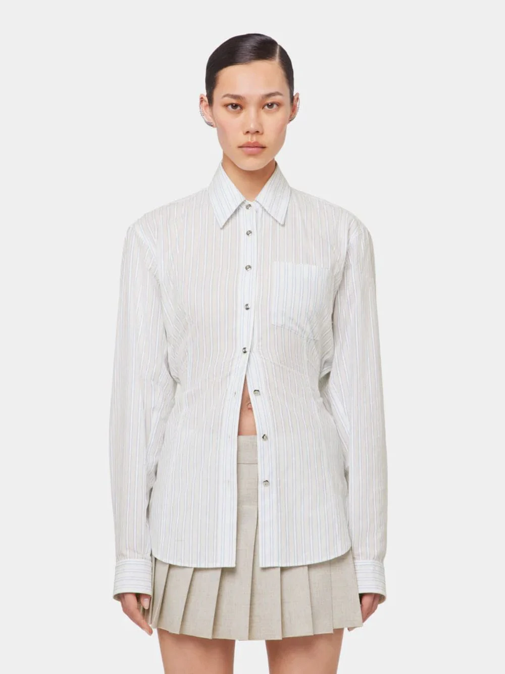 White Striped Cotton Poplin Shirt with Belt Detail