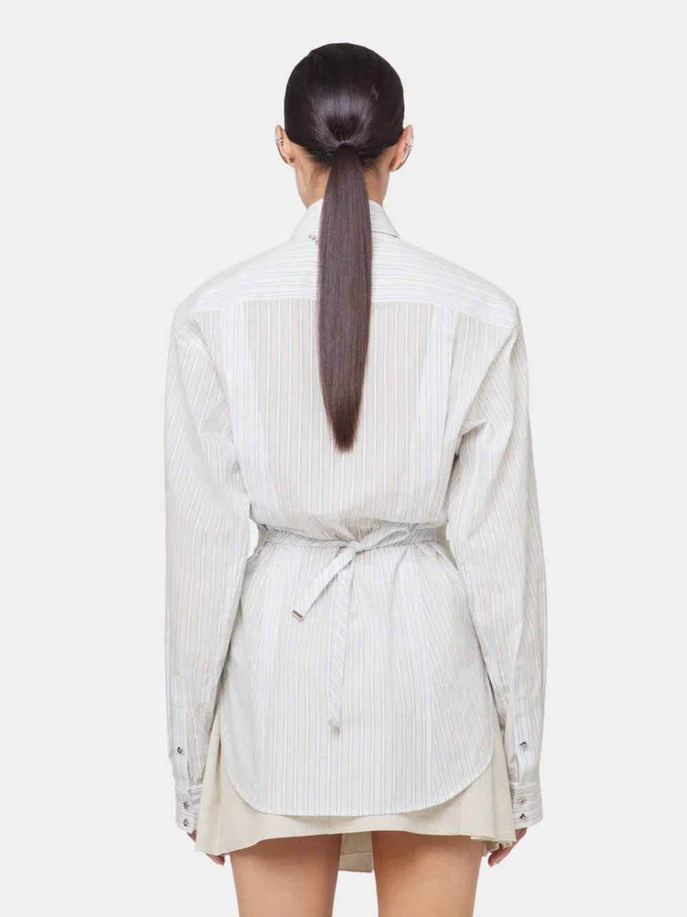 White Striped Cotton Poplin Shirt with Belt Detail - Image 3