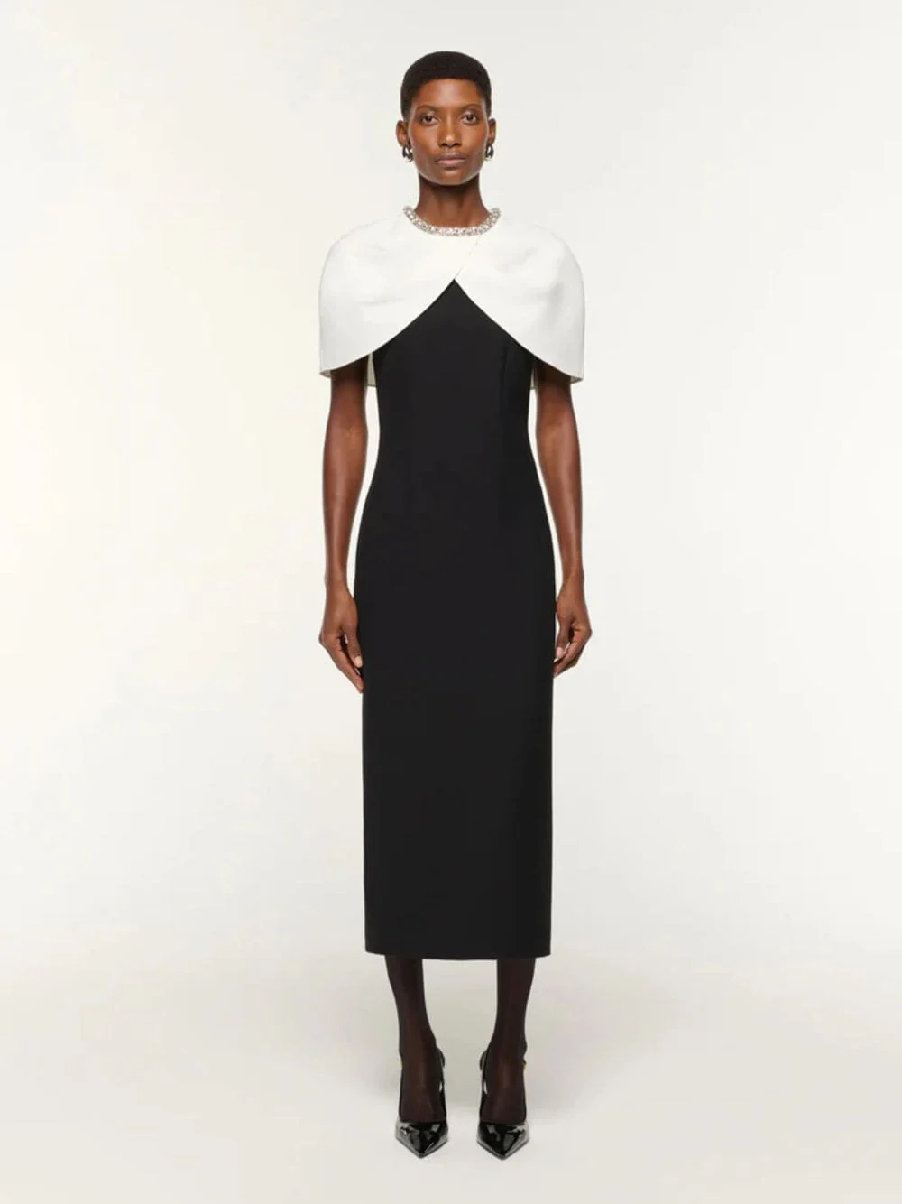 Black Midi Dress with Crystal Shawl Detail