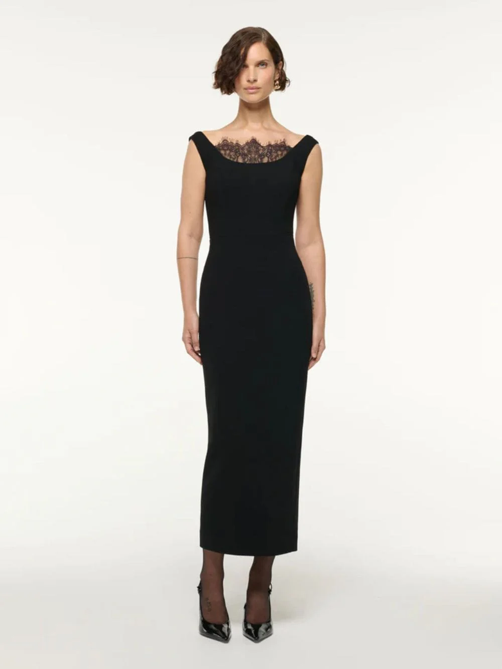 Black Wool Crepe Cocktail Dress with Lace Insert