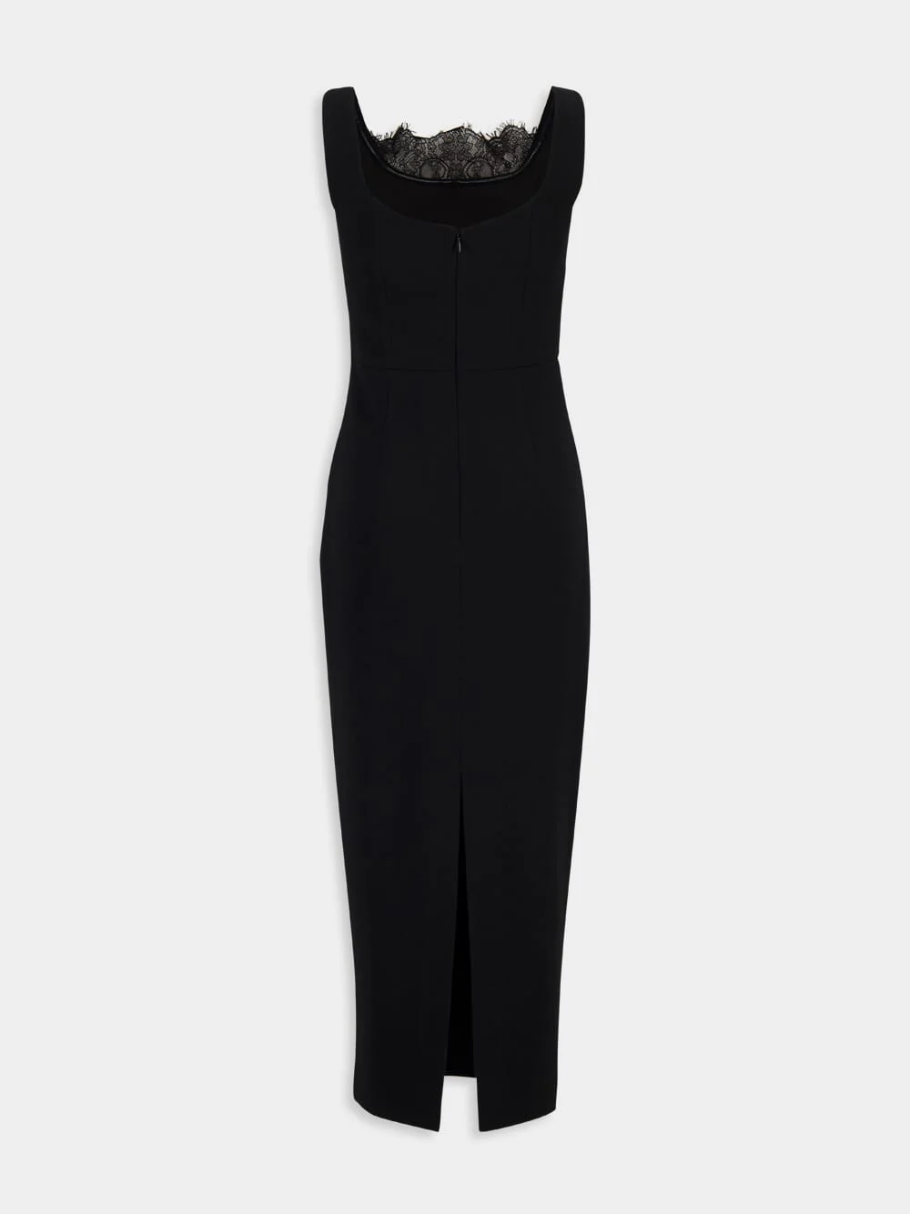 Black Wool Crepe Cocktail Dress with Lace Insert - Image 3