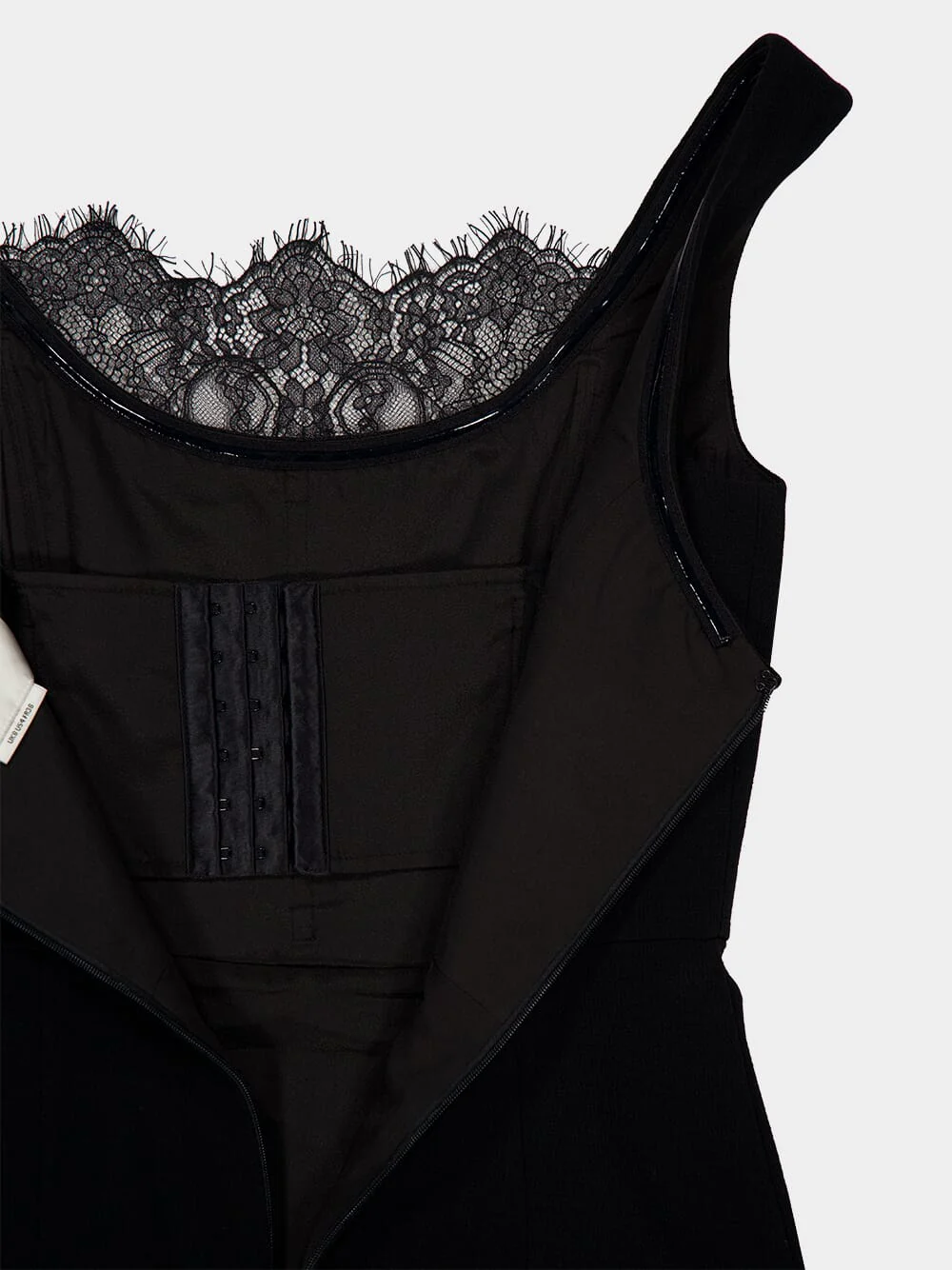 Black Wool Crepe Cocktail Dress with Lace Insert - Image 5