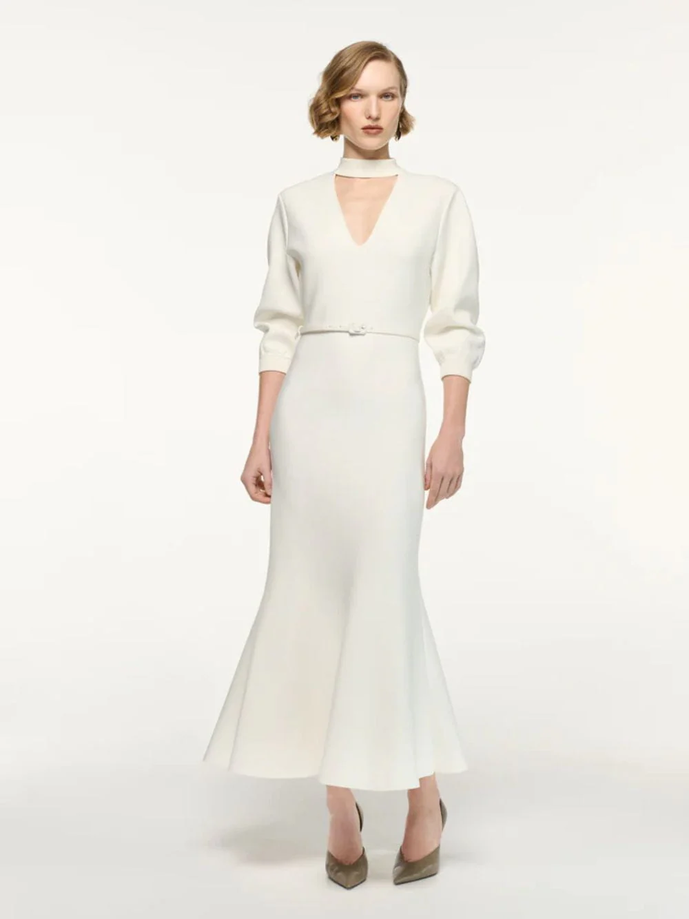 Cream Belted Blouson Knit Midi Dress - Image 3