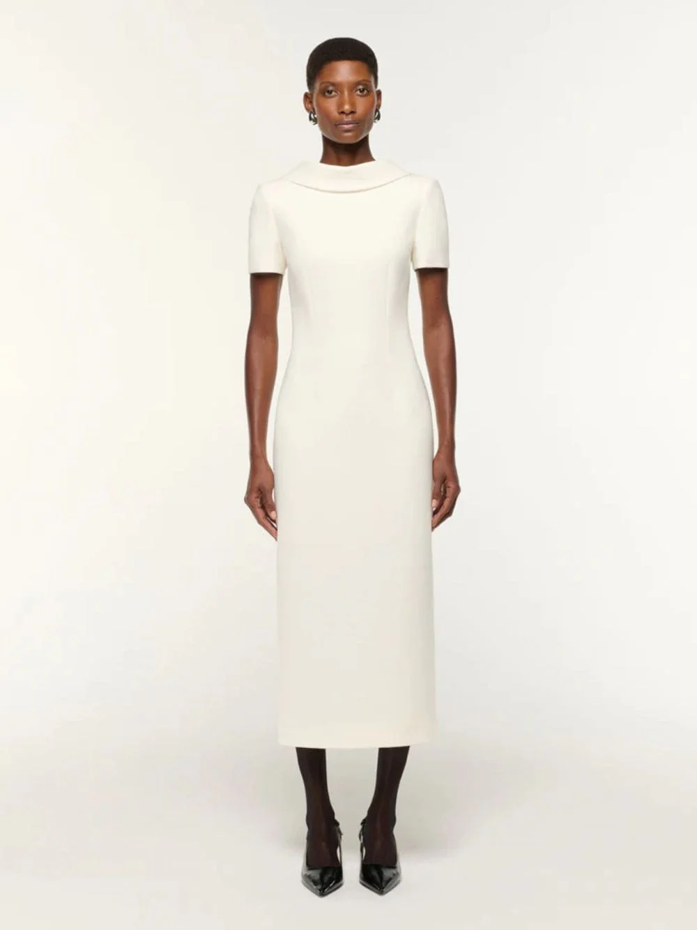 Cream Collared Crepe Column Midi Dress - Image 2