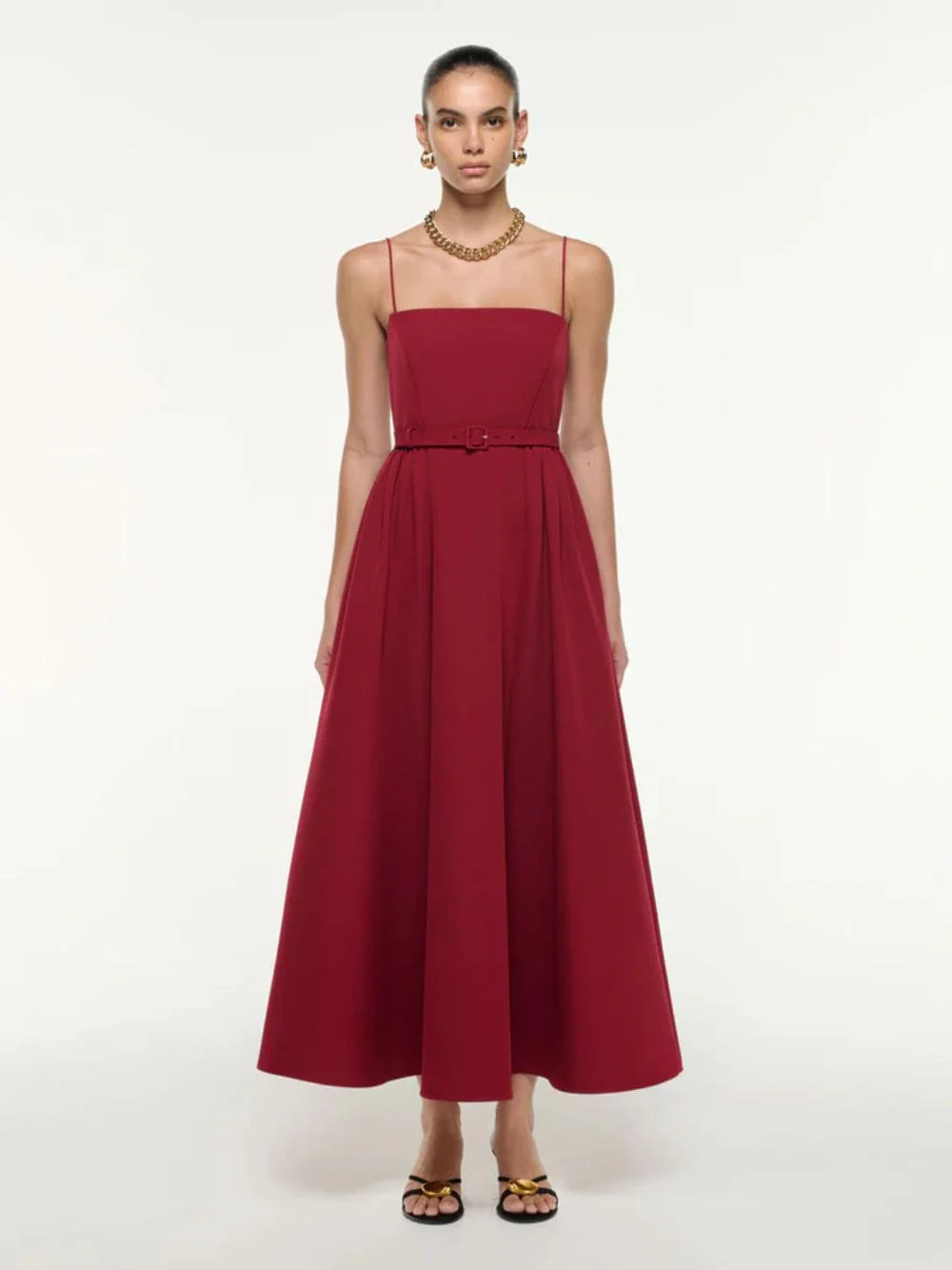Dark Red Crepe Belted Maxi Dress