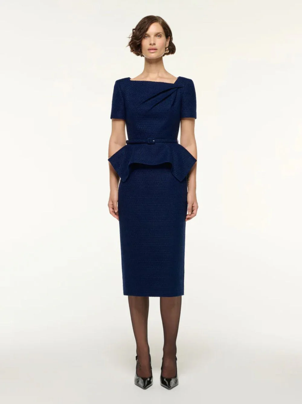 Navy Bouclé Asymmetrical Twist Peplum Top