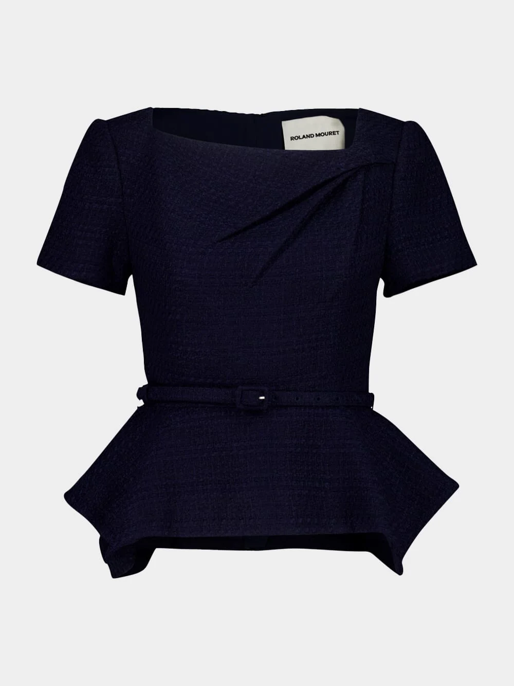 Navy Bouclé Asymmetrical Twist Peplum Top - Image 2