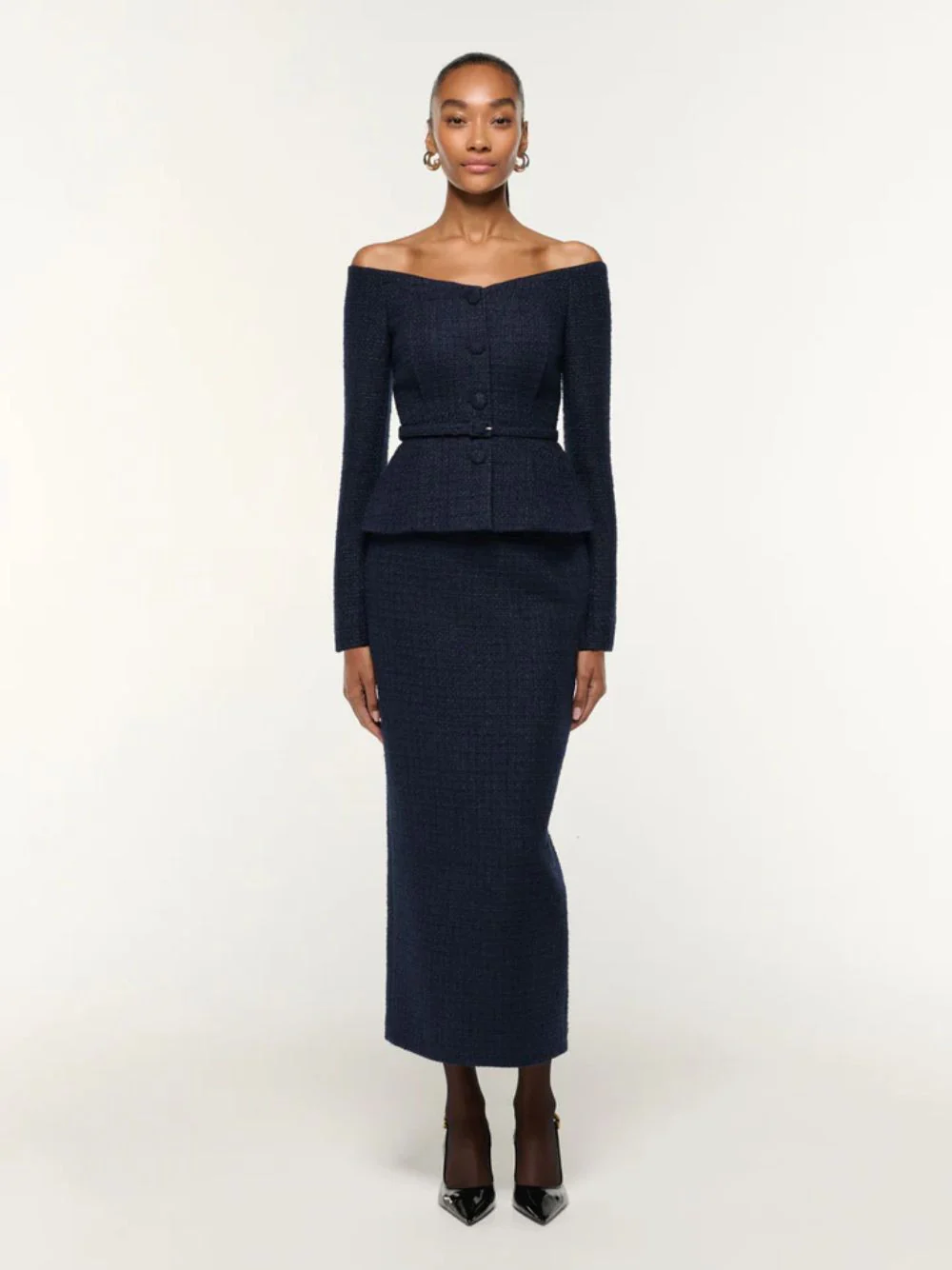 Navy Bouclé Column Skirt