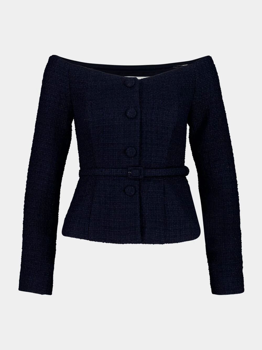 Navy Off-Shoulder Bouclé Top with Belt