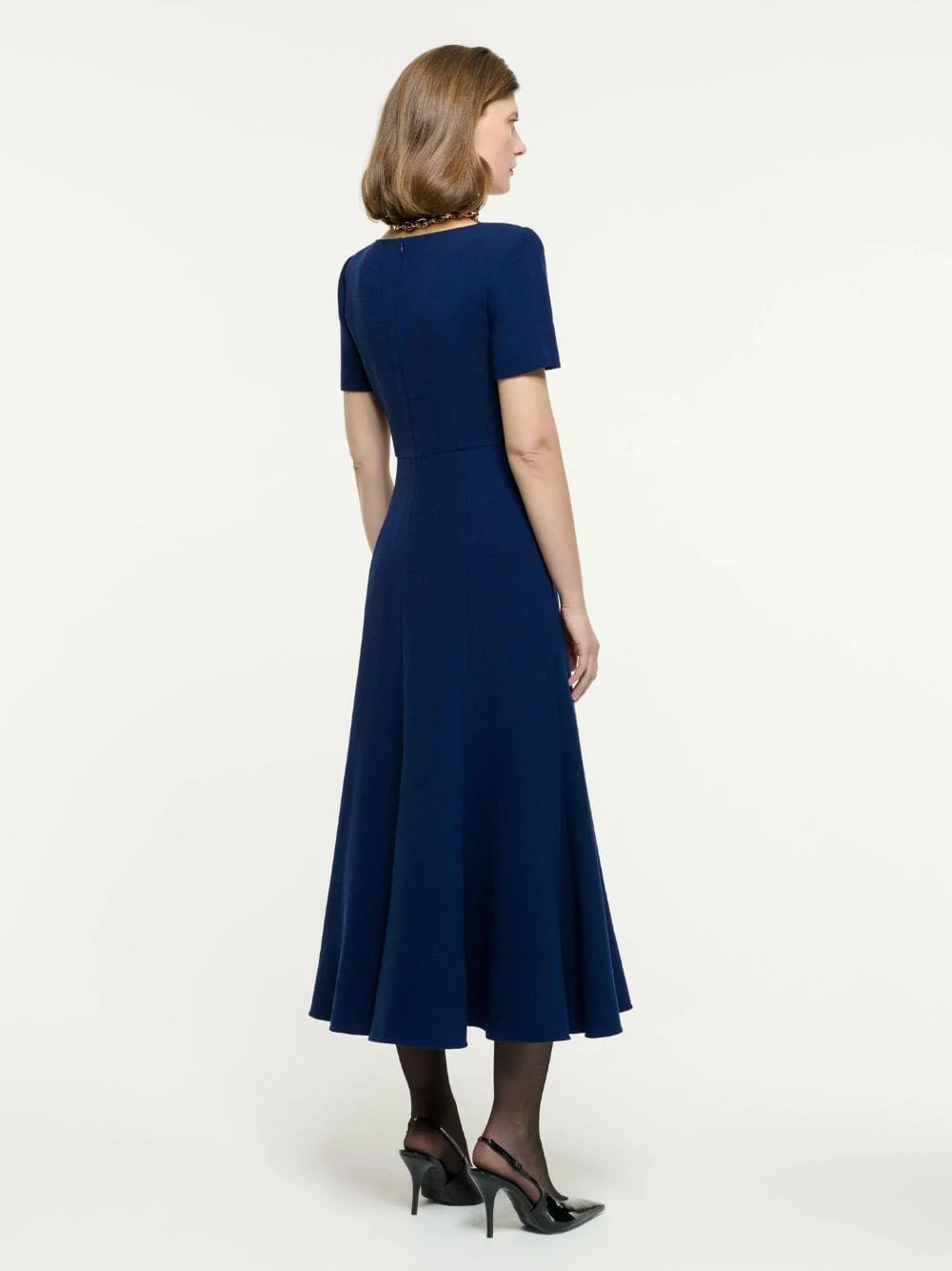 Navy Short Sleeve Wool Crepe Midi Dress - Image 3