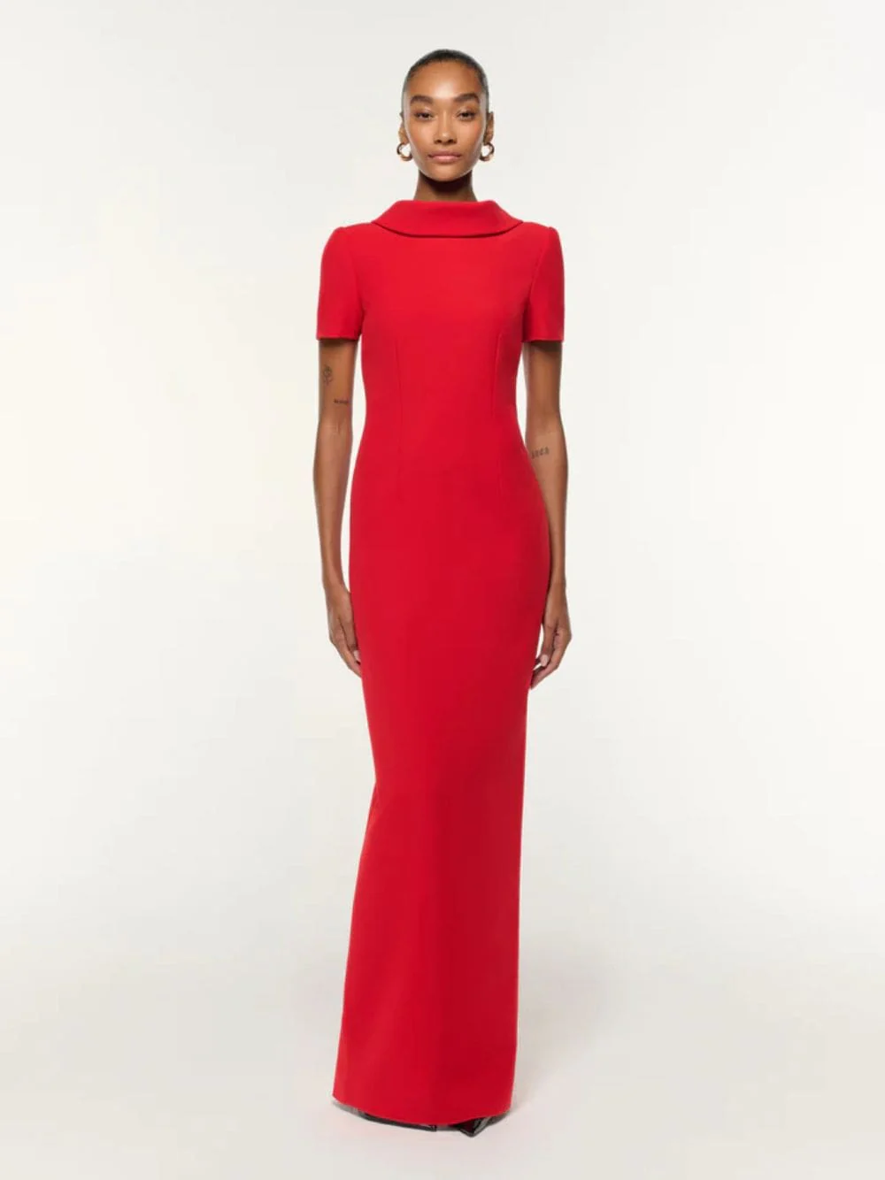 Red Collared Crepe Column Gown