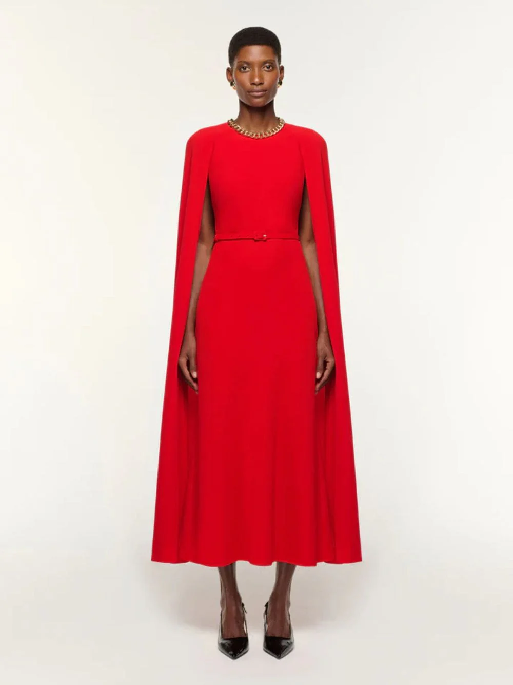Red Light Cady Cape Midi Dress with Belt - Image 2