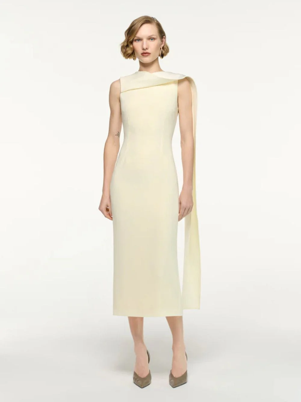 Yellow Satin Crepe Sash Midi Dress