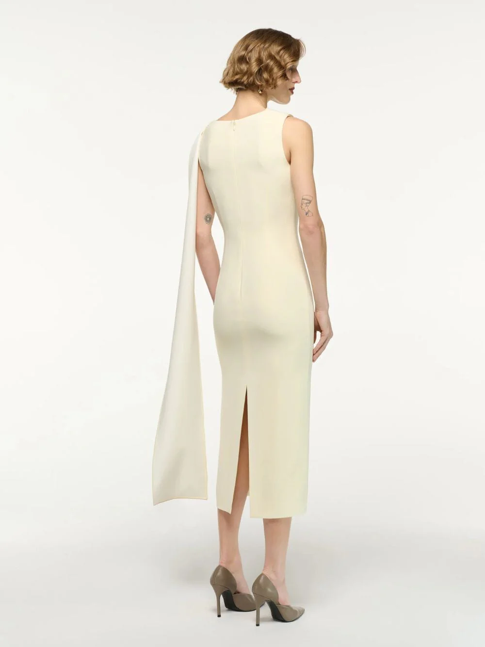 Yellow Satin Crepe Sash Midi Dress - Image 3