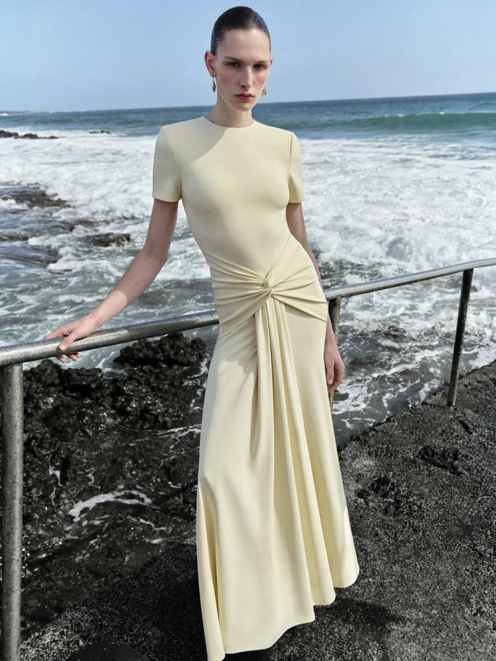 Yellow Waterfall Twist Jersey Maxi Dress