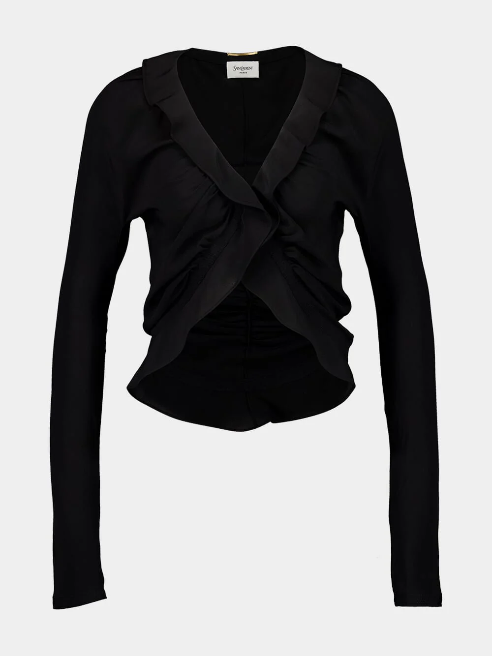Black Ruffled Silk Crepe de Chine Blouse