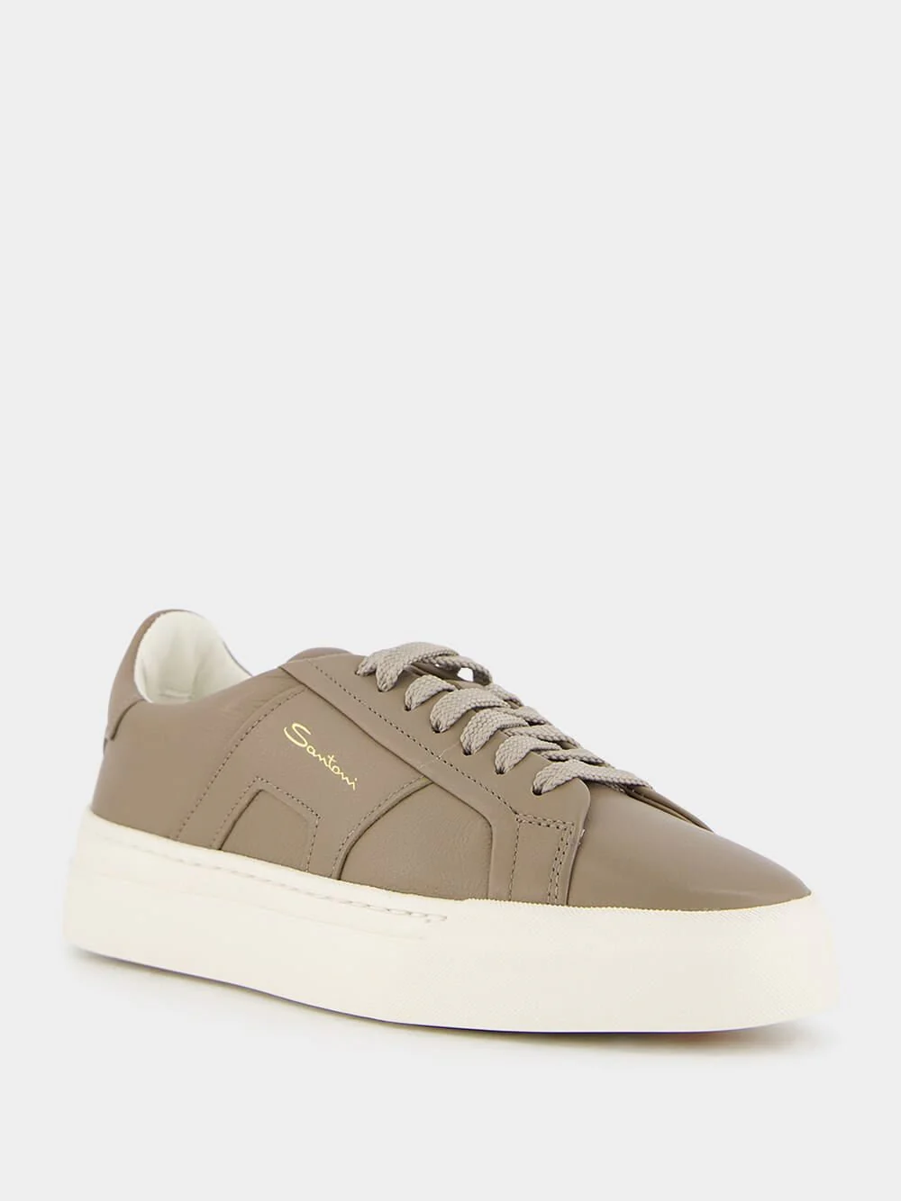 Double Buckle Leather Sneakers in Beige - Image 2