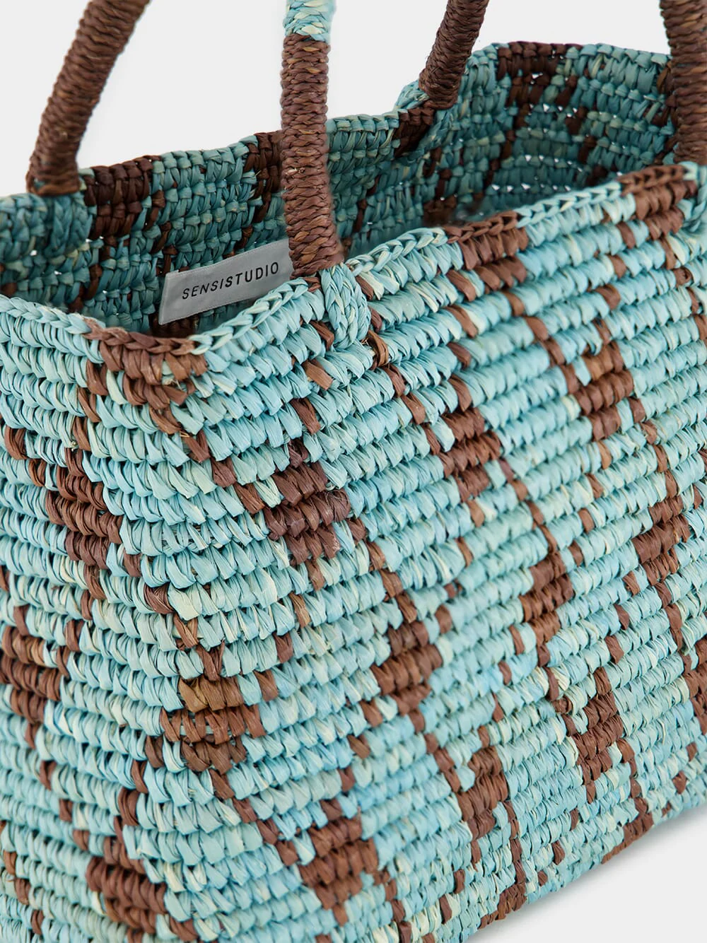Blue and Brown Canasta Patterned Medium Handbag - Image 6