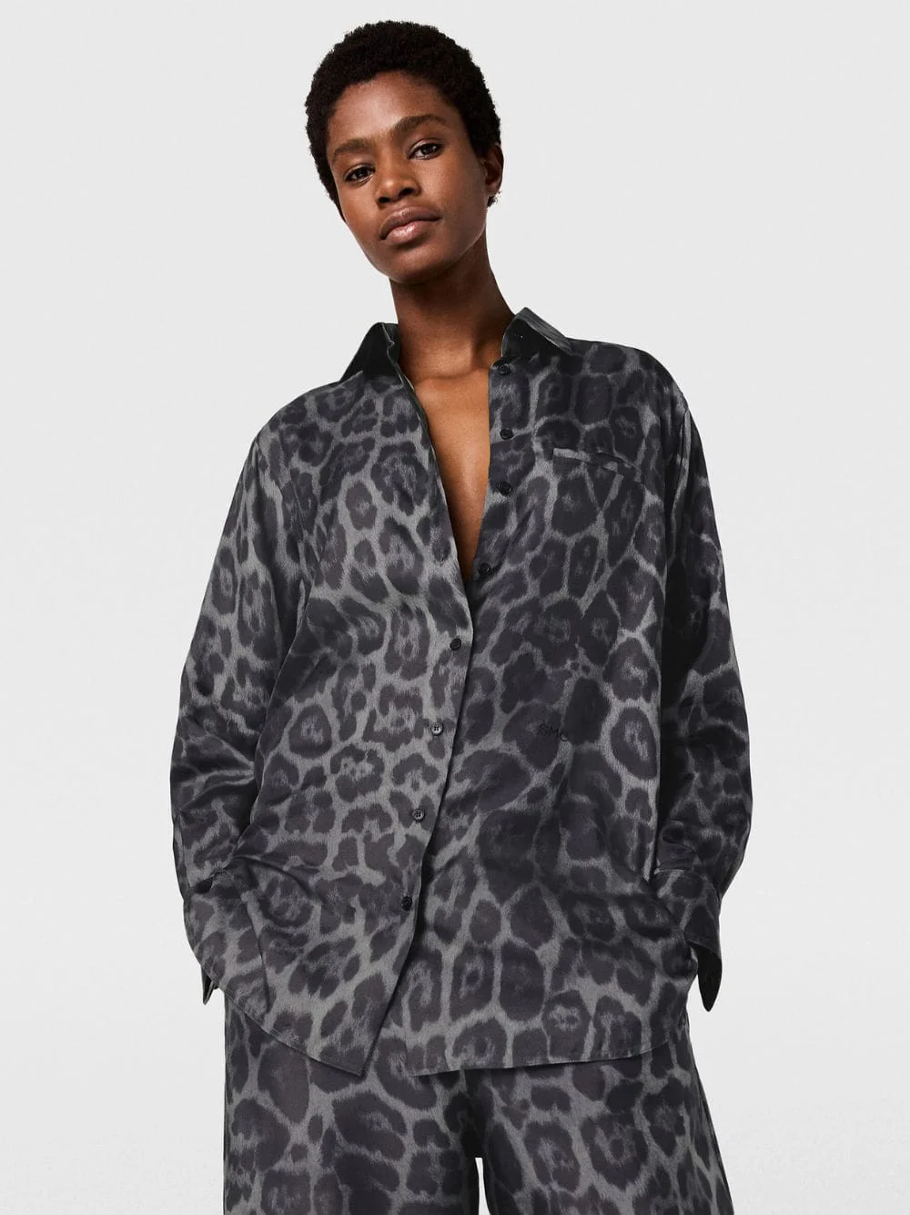 Ash Grey Oversized Leopard Silk Shirt