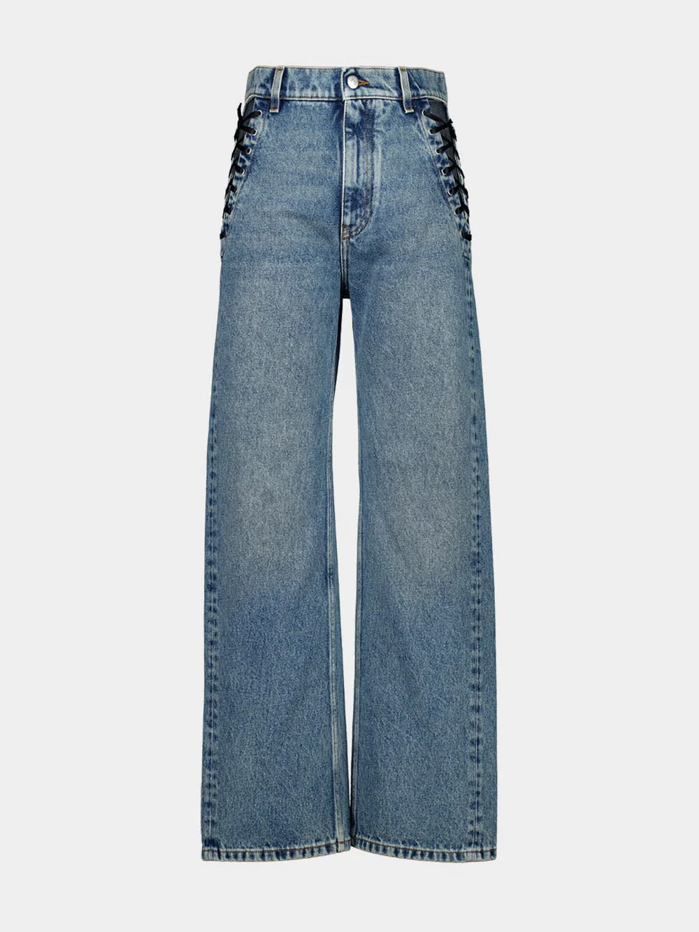 Blue Straight-Leg Laced Denim Trousers