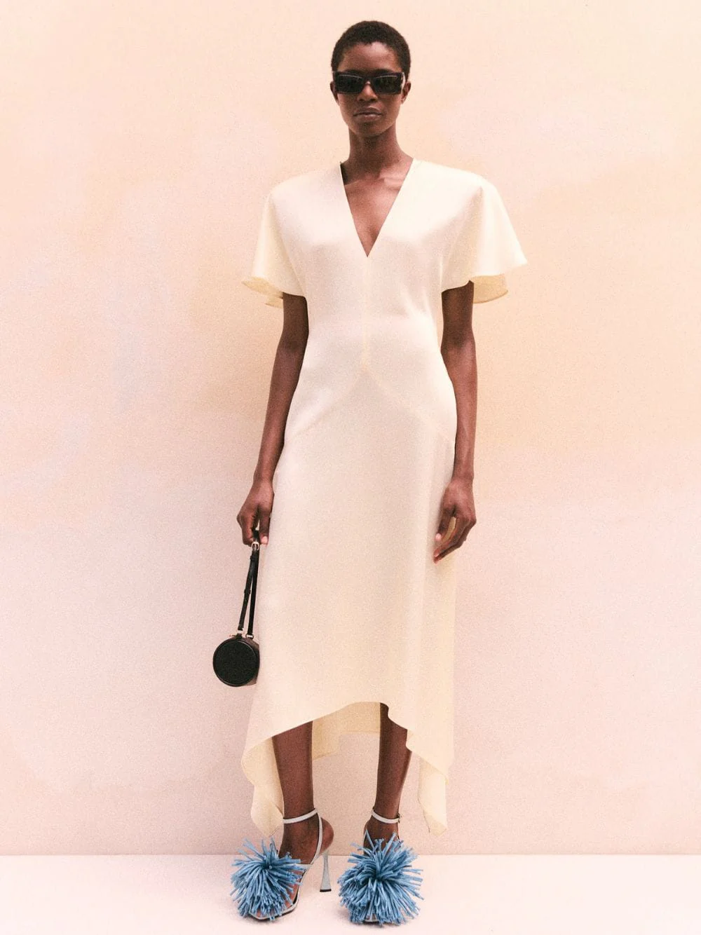 Buttermilk Satin V-Neck Midi Dress