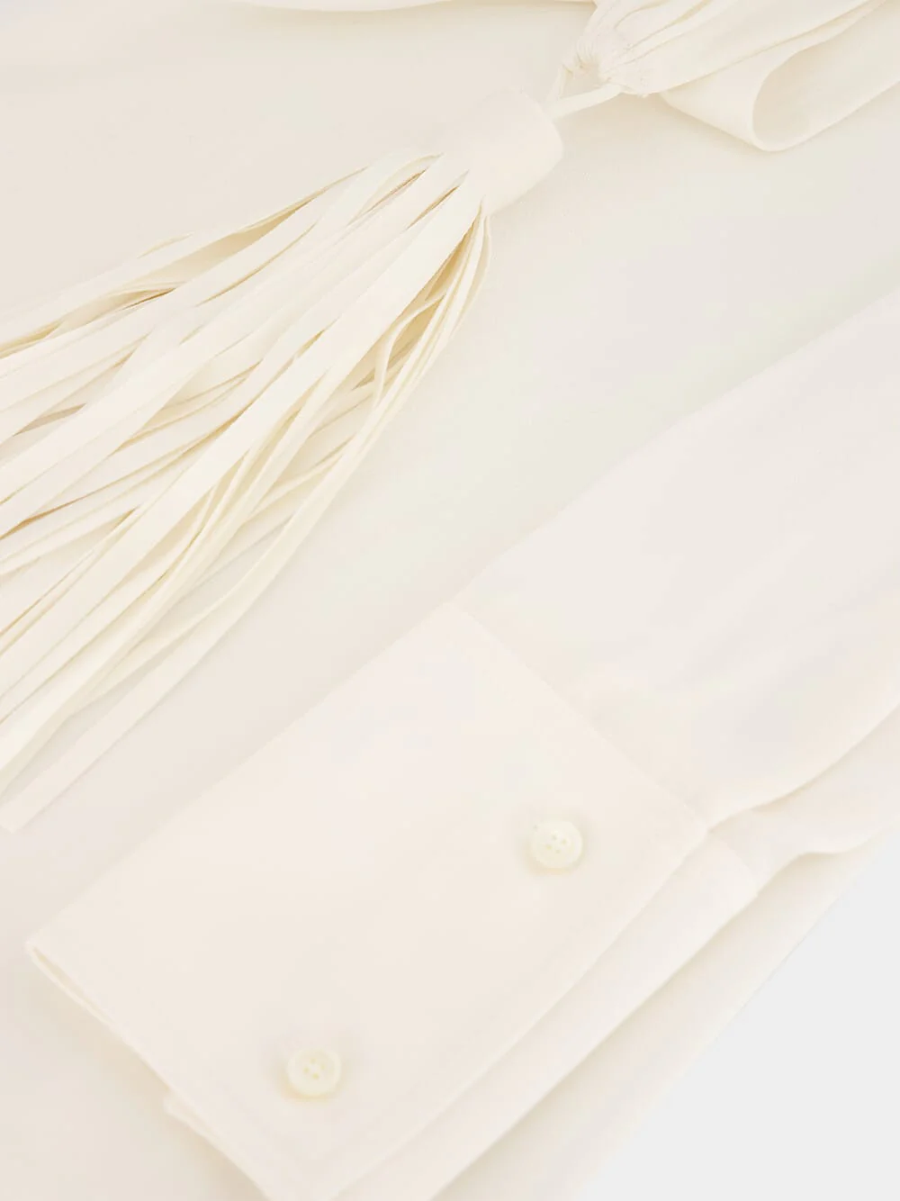 White Tasseled Draped Silk Blouse - Image 4