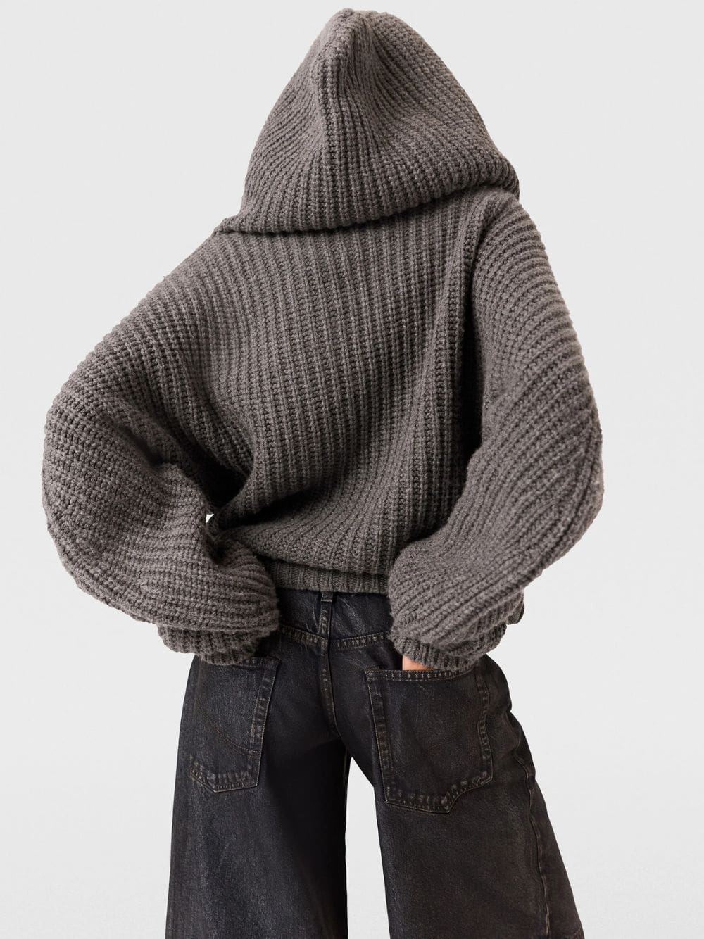 Dark Grey Melange Chunky Ribbed Hooded Cardigan - Image 4