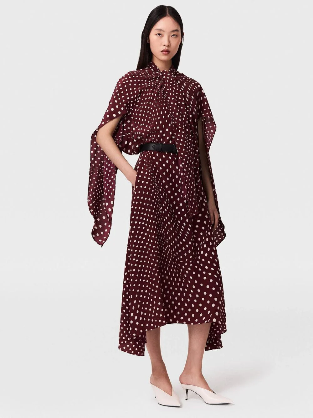 Burgundy Tie-Neck Polka Dot Silk Midi Dress