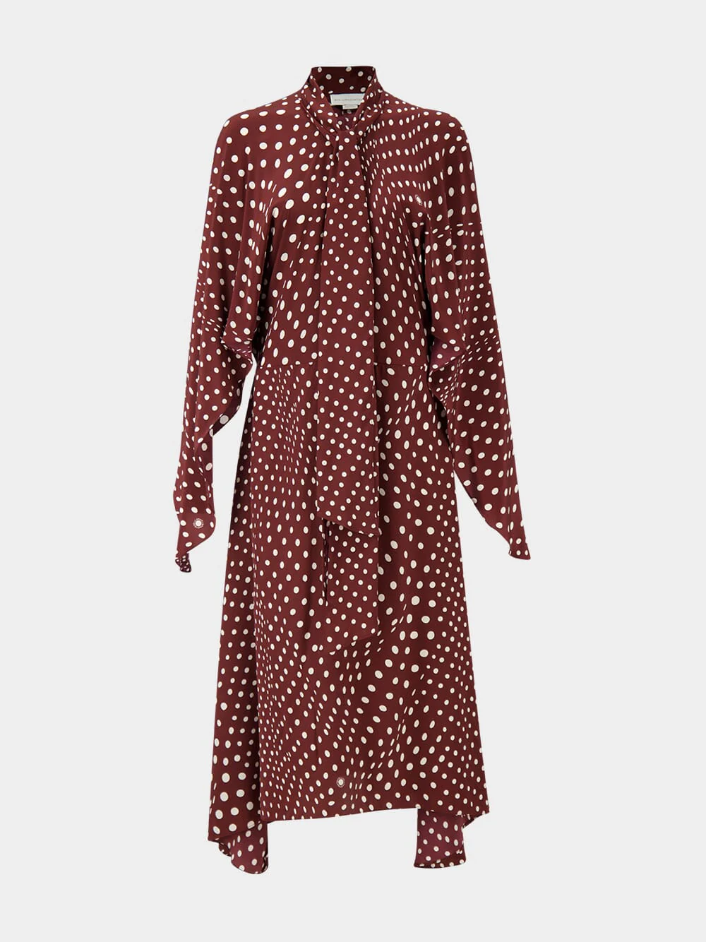 Burgundy Tie-Neck Polka Dot Silk Midi Dress - Image 2