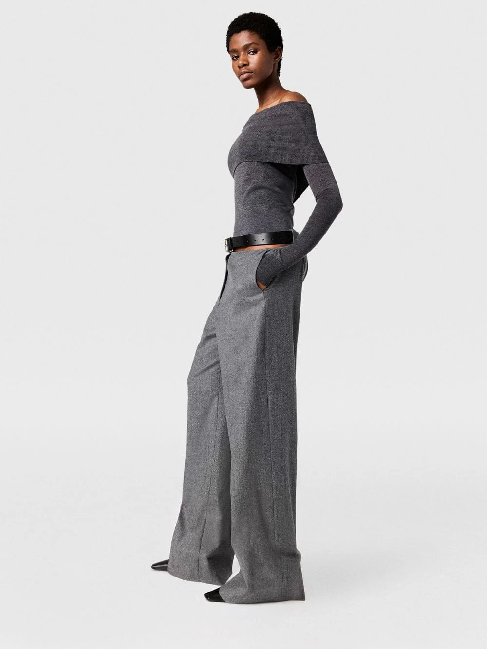 Grey Melange Flannel Straight-Leg Trousers - Image 3