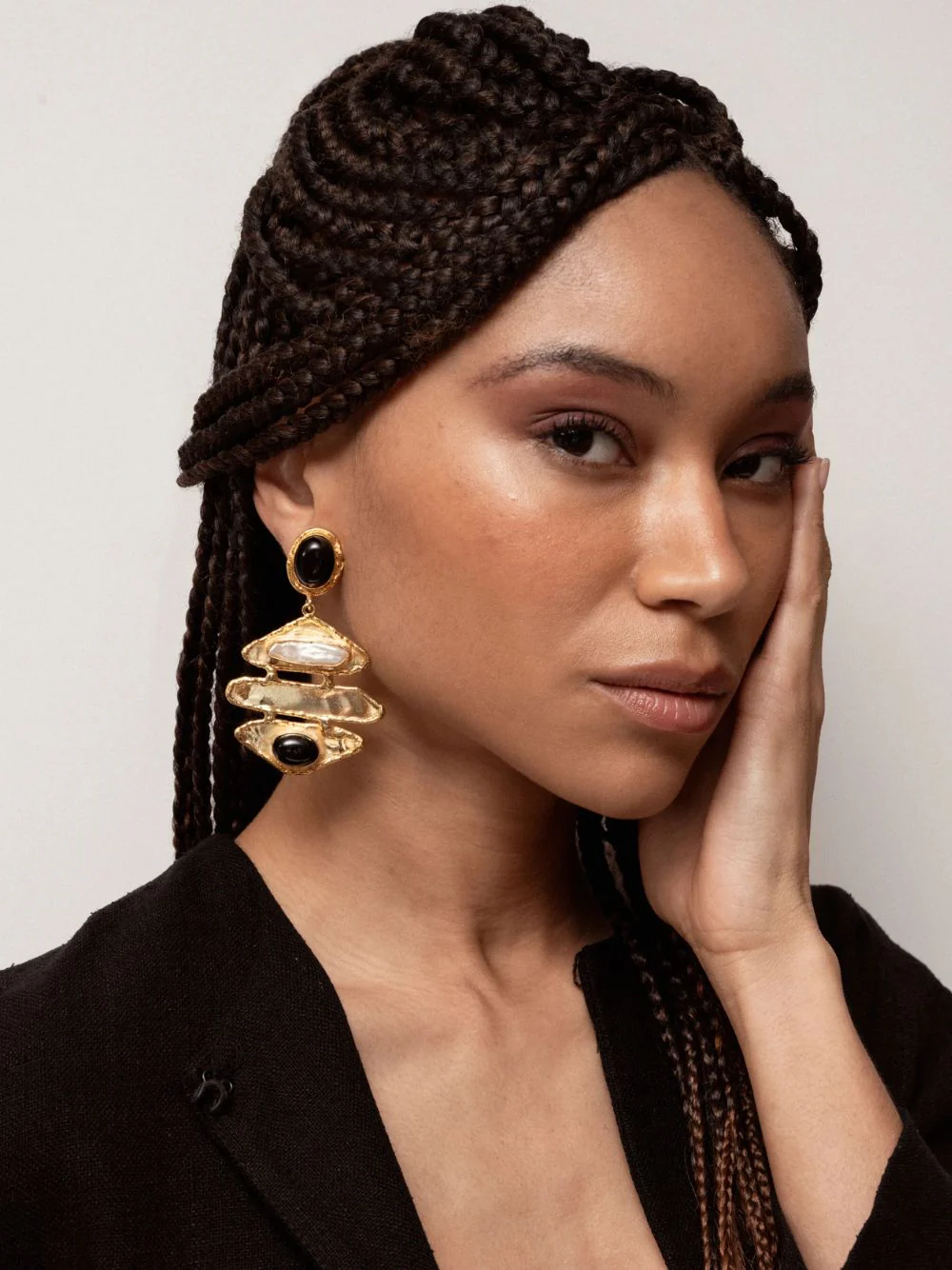 Brutalist Earrings with Black Onyx and Baroque Pearls - Image 2