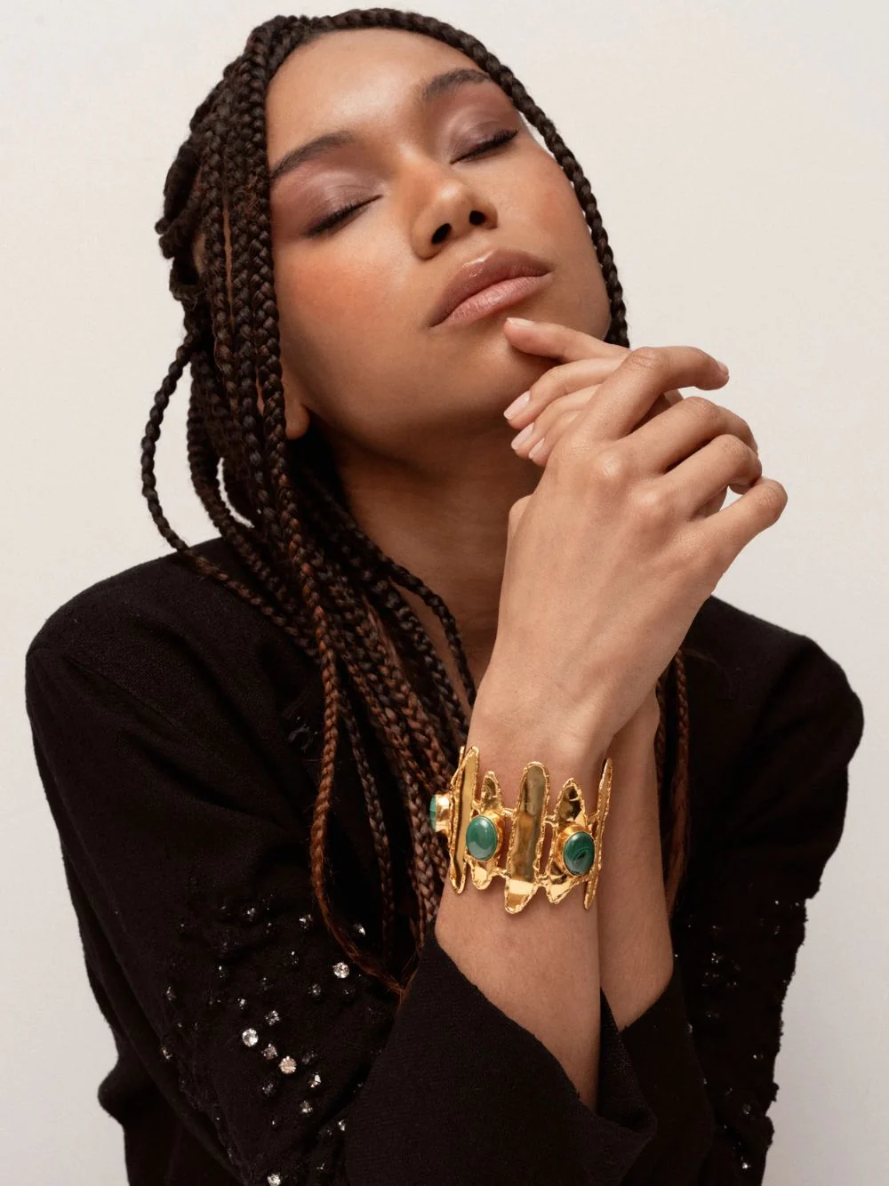 Gold Brutalist Cuff with Malachite Stones