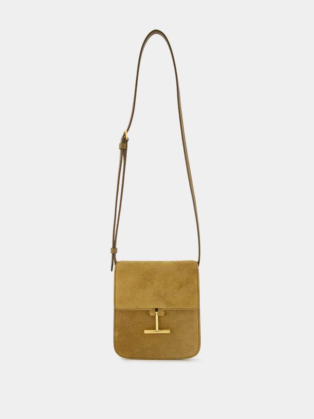 Camel Suede Crossbody Bag with T Hardware - Image 2