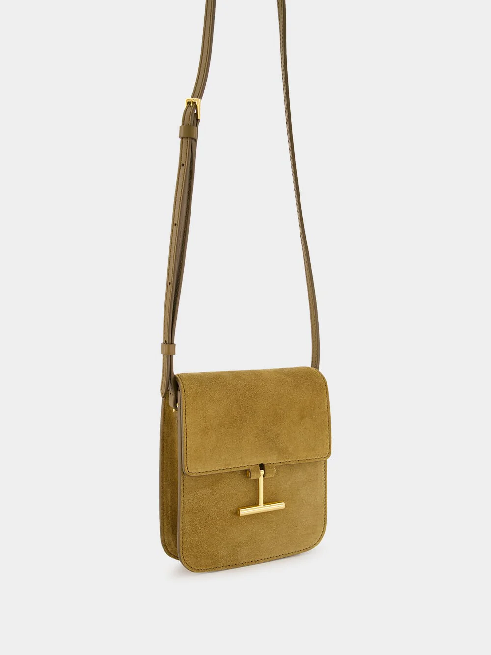 Camel Suede Crossbody Bag with T Hardware - Image 3