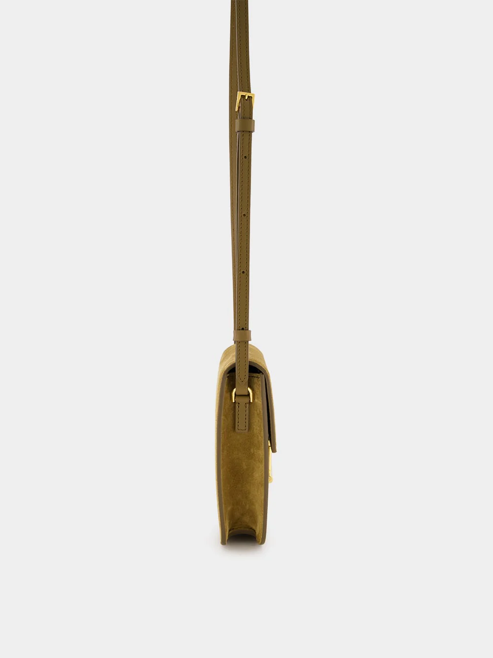 Camel Suede Crossbody Bag with T Hardware - Image 4