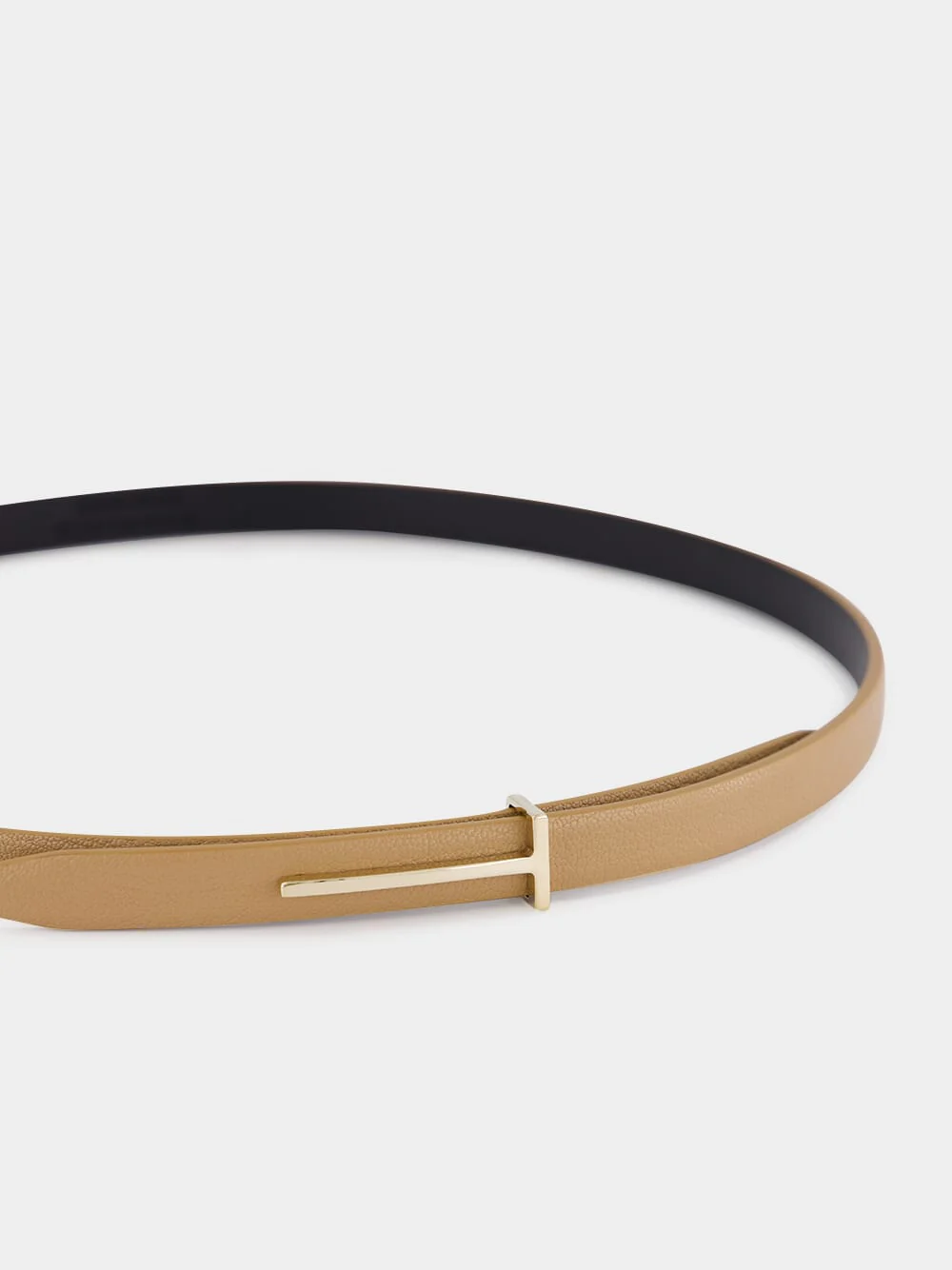 Beige Supple Grain Leather Slim T Belt - Image 3