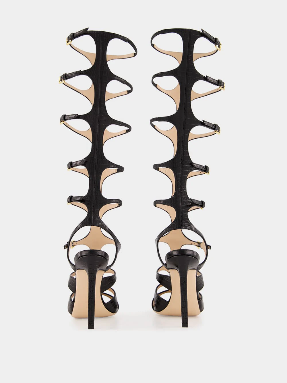 Black Knee-High Stamped Leather Sandals - Image 6