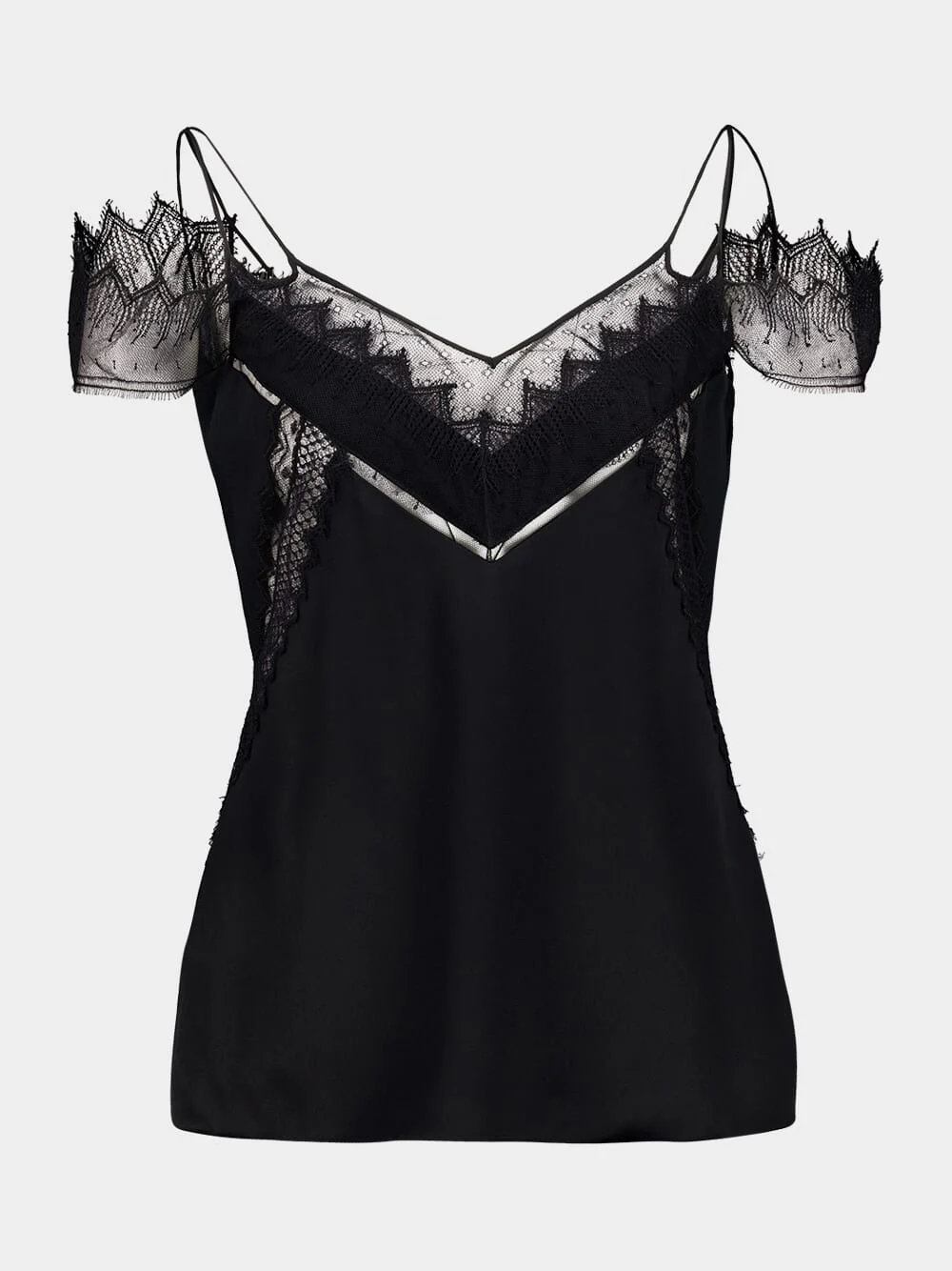Black Lace-Encrusted Crepe Satin Camisole Top