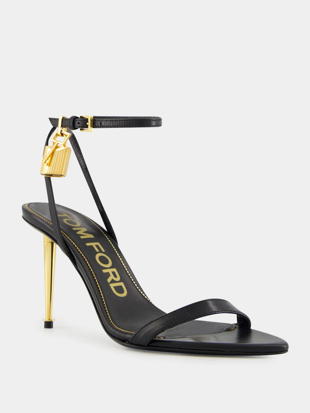 Black Shiny Leather Padlock Pointy Naked Sandal - Image 2