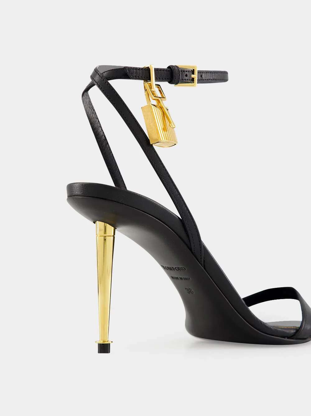 Black Shiny Leather Padlock Pointy Naked Sandal - Image 6