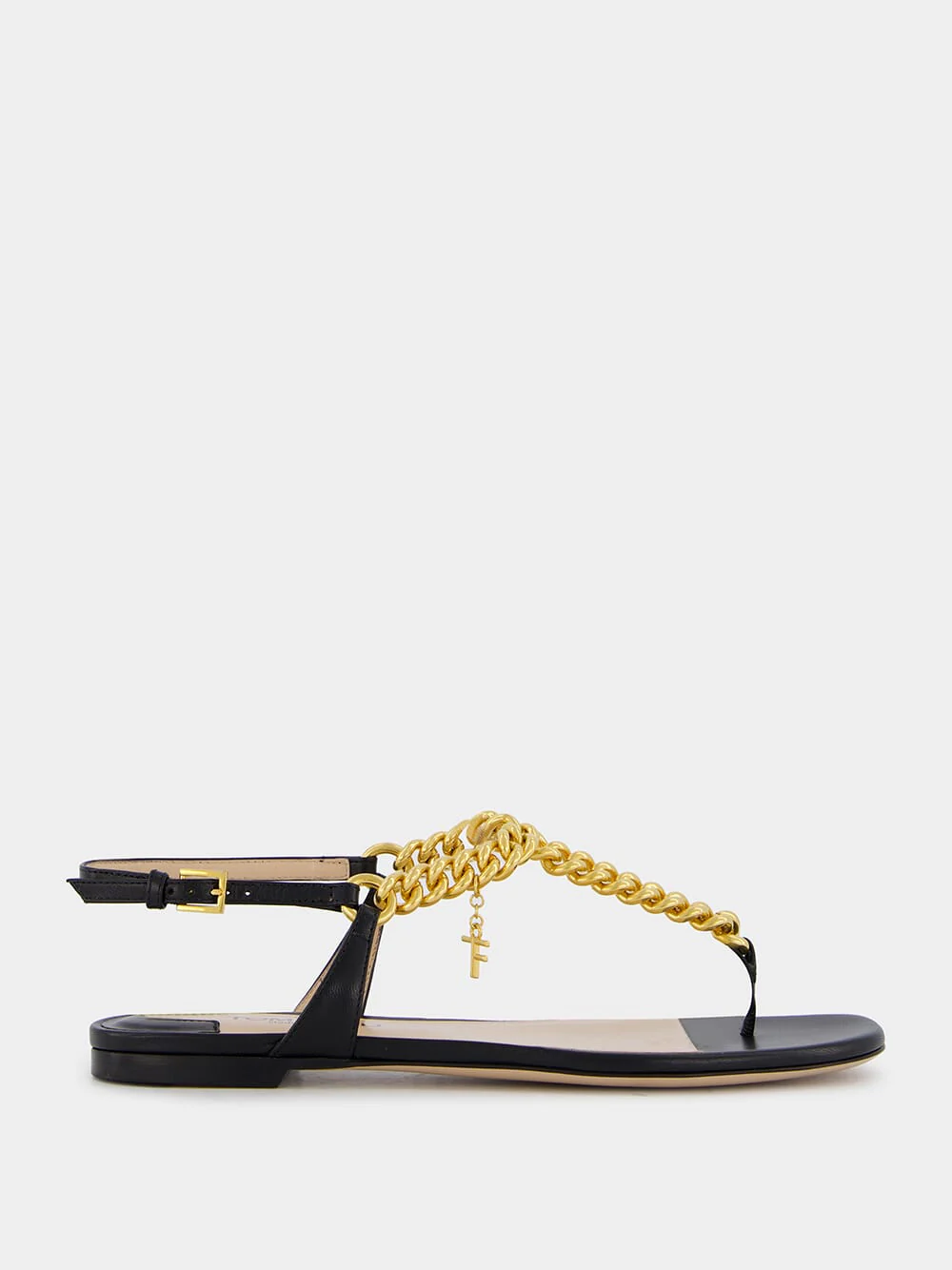 Black Shiny Leather Thong Sandals with Chain