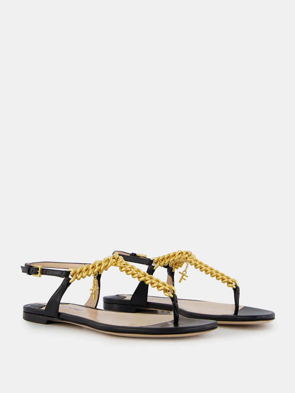 Black Shiny Leather Thong Sandals with Chain - Image 3